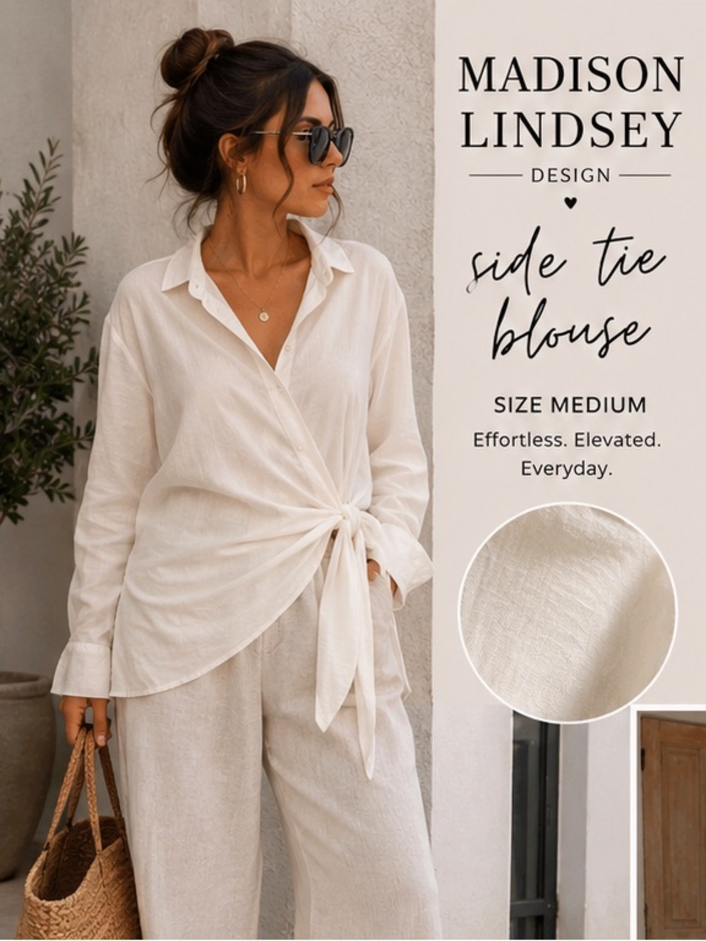 🤍 Madison Lindsey Design Tie-Front Button-Up Blouse — Size Medium